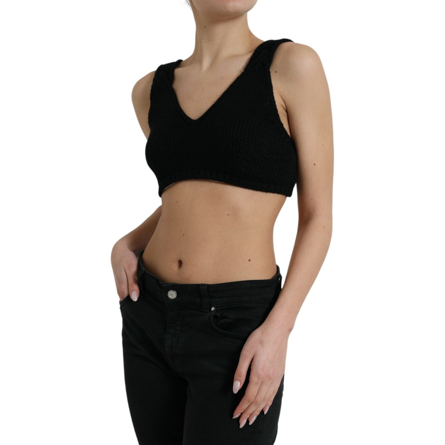 Dolce & Gabbana Black Cropped Cashmere V-neck Bustier Top