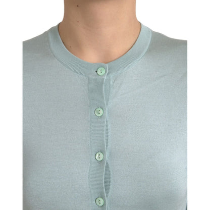 Dolce & Gabbana Light Blue Silk Crew Neck Cardigan Sweater