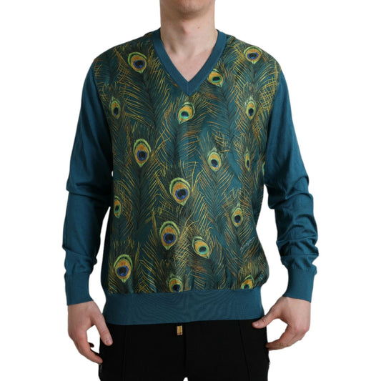 Dolce & Gabbana Silk V-Neck Peacock Feather Sweater Dolce & Gabbana