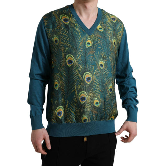 Dolce & Gabbana Silk V-Neck Peacock Feather Sweater Dolce & Gabbana