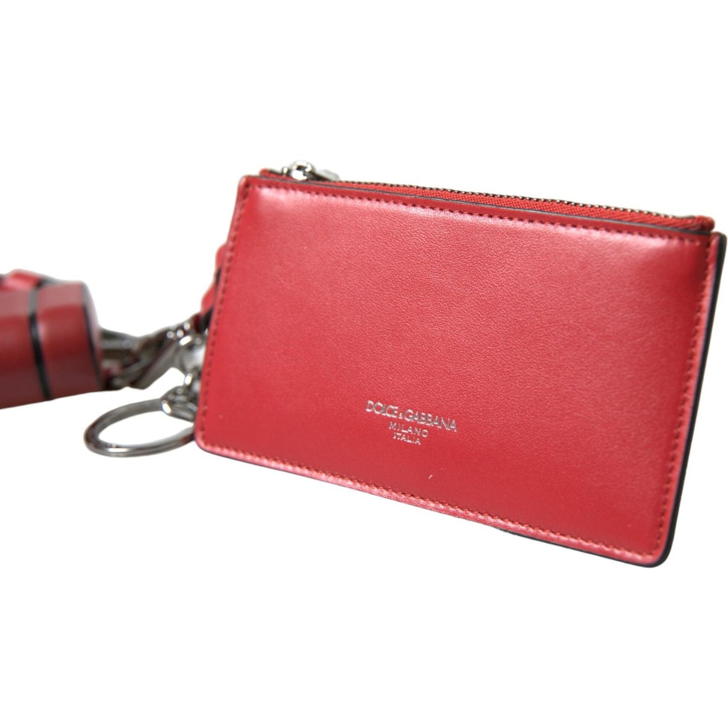 Dolce & Gabbana Red Leather Silver Metal Logo Strap Pouch Airpods Case