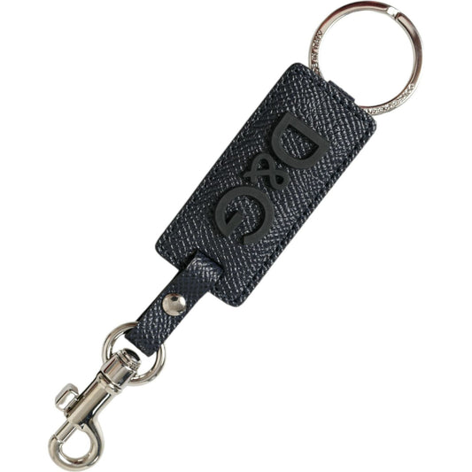 Dolce & Gabbana Black Calf Leather DG Logo Silver Brass Keyring Keychain