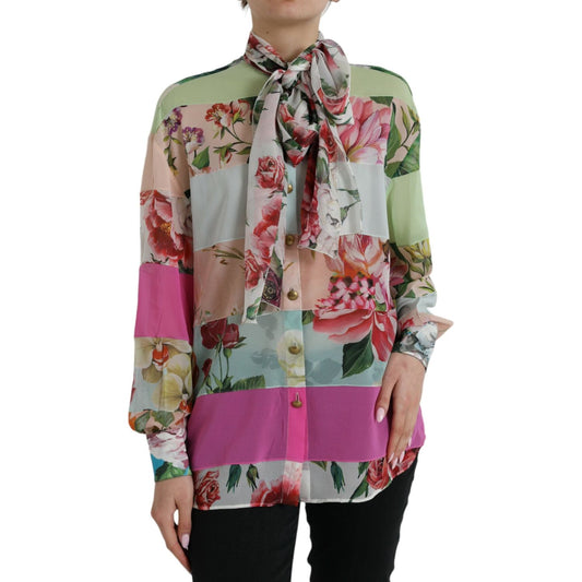 Dolce & Gabbana Multicolor Floral Patchwork Ascot Collar Top