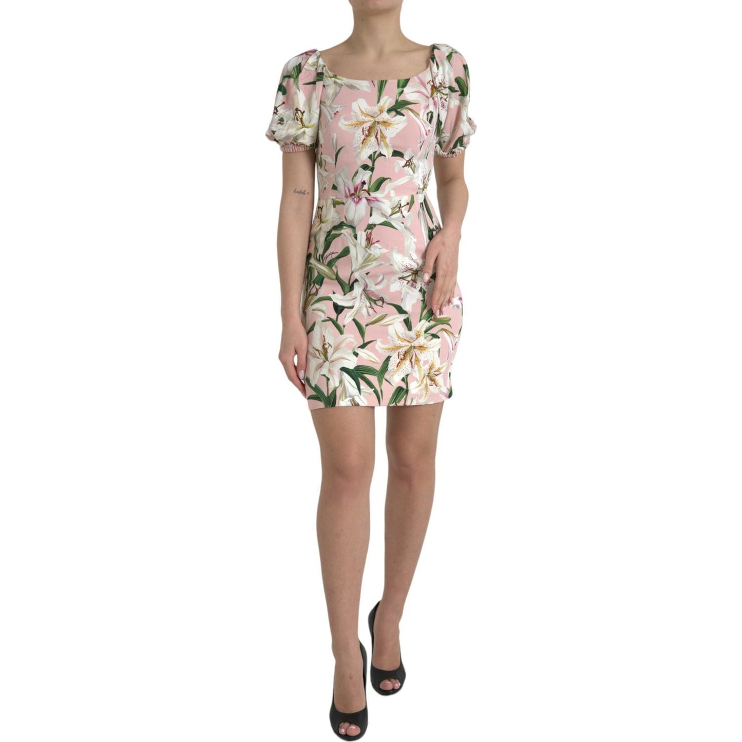 Dolce & Gabbana Elegant Pink Lily Print Sheath Dress Dolce & Gabbana