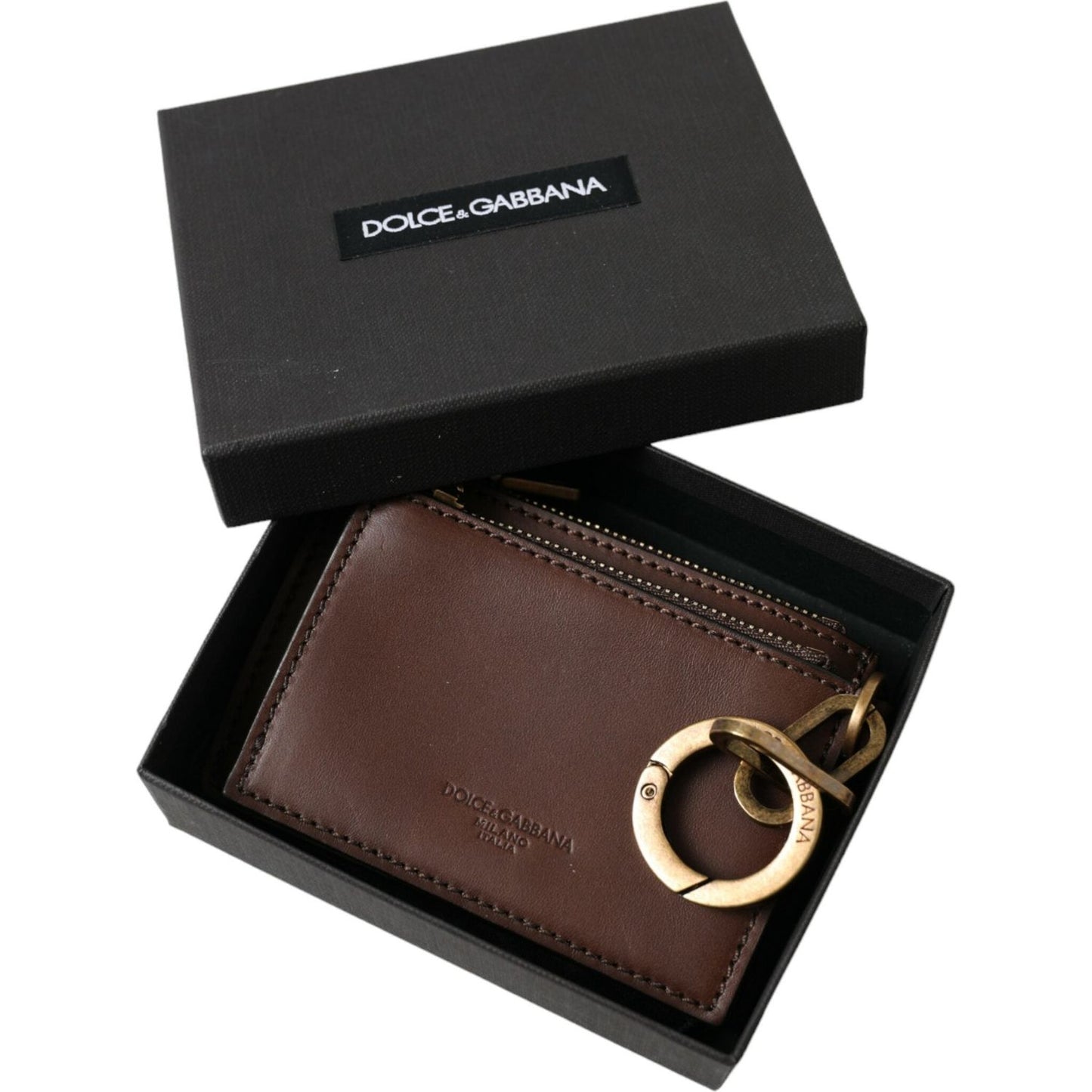 Dolce & Gabbana Brown Leather Zip Logo Keyring Coin Purse Keyring Wallet Dolce & Gabbana