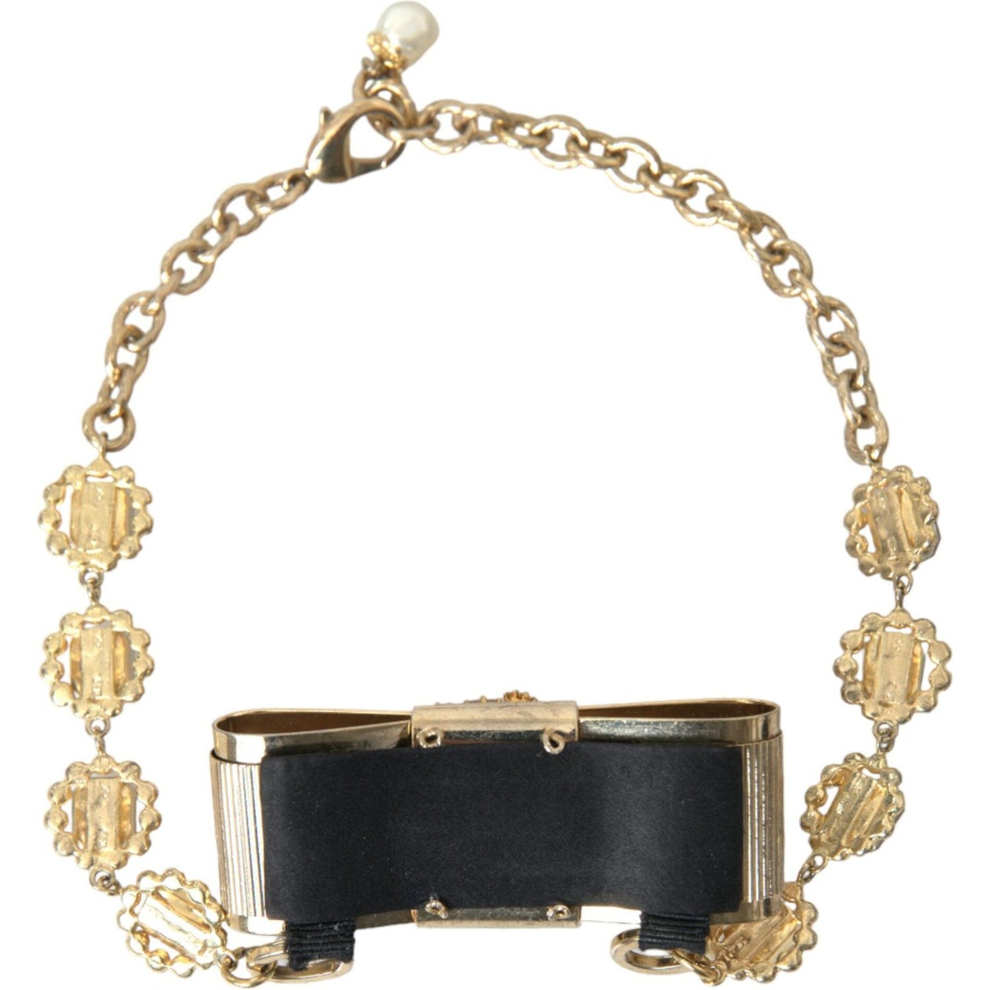 Dolce & Gabbana Gold Brass Clear Crystal Bow Chain Choker Necklace Dolce & Gabbana