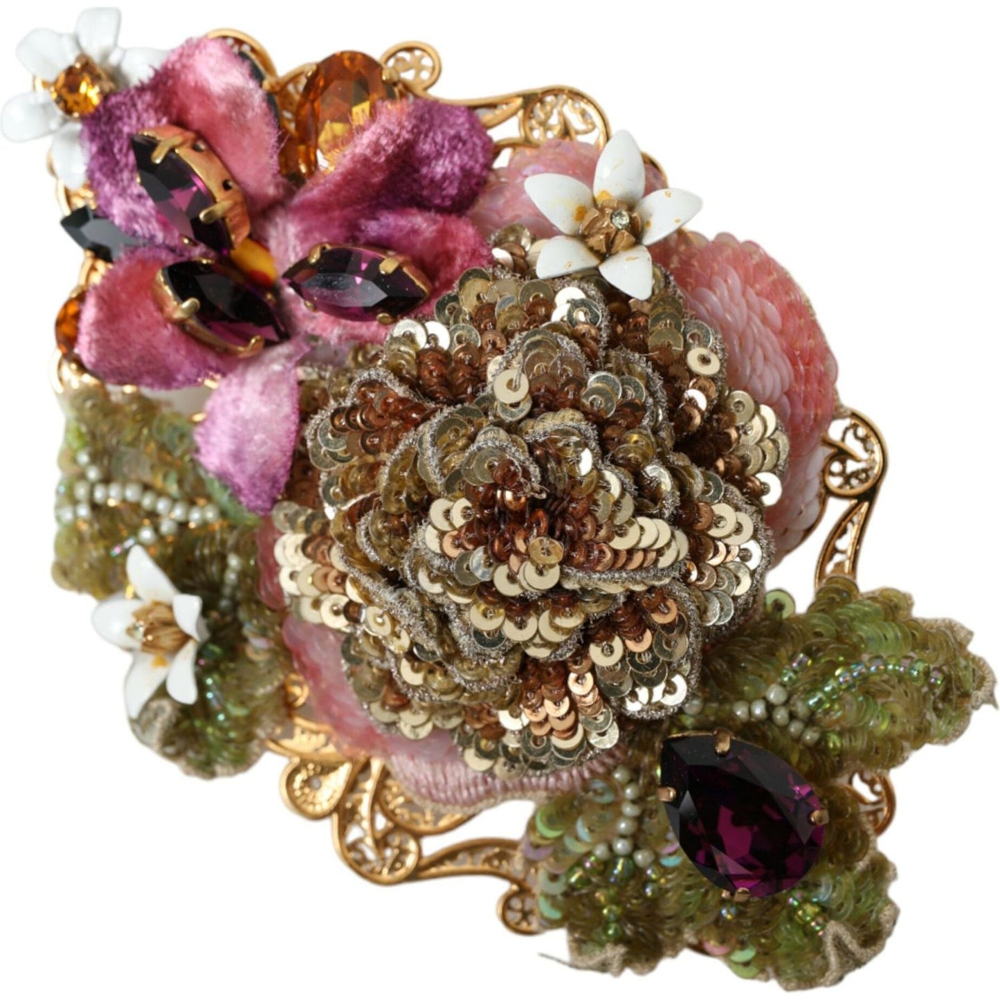 Dolce & Gabbana Gold Brass Floral Crystal Sequined Hair Clip Dolce & Gabbana