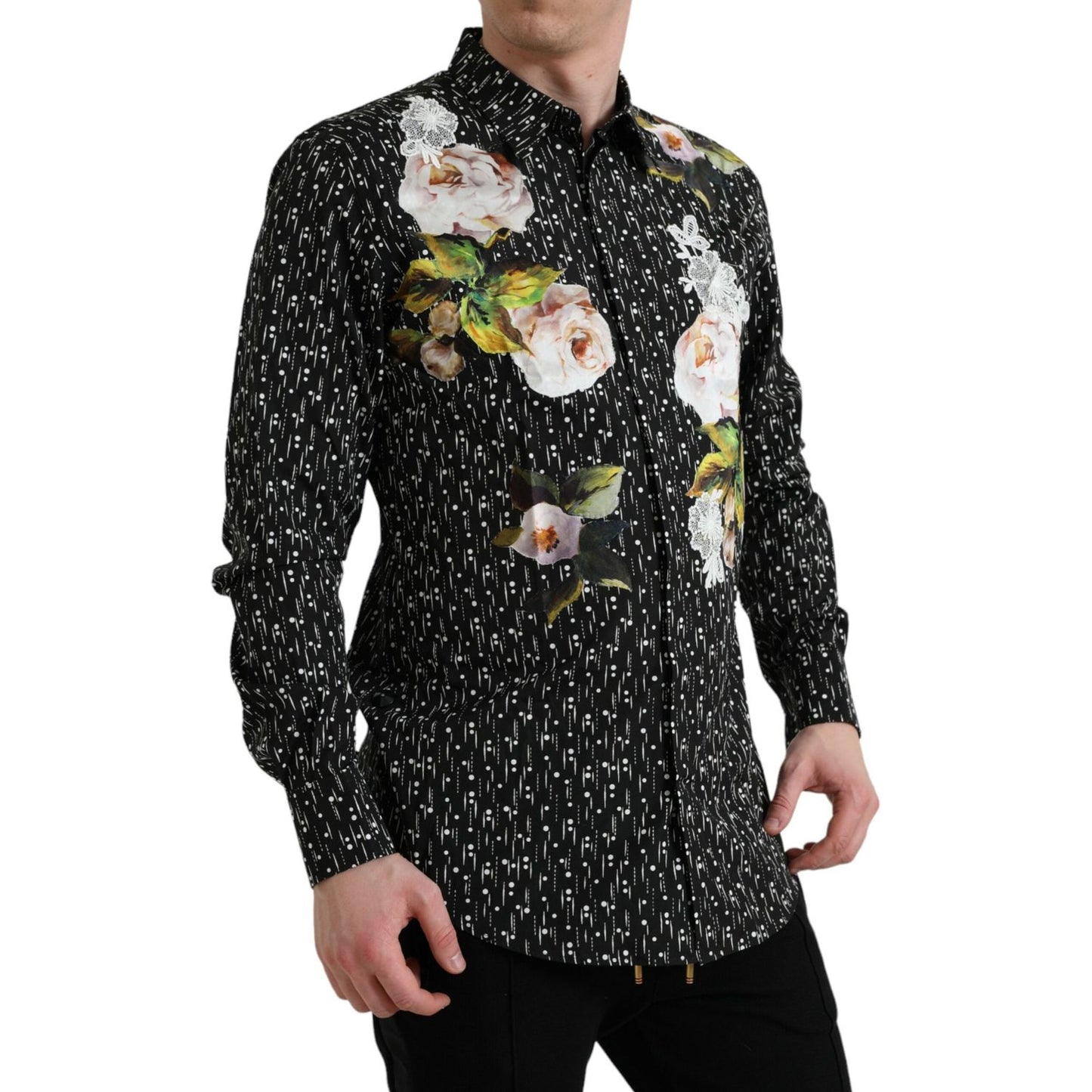 Dolce & Gabbana Black Floral Men Formal Dress GOLD Shirt Dolce & Gabbana