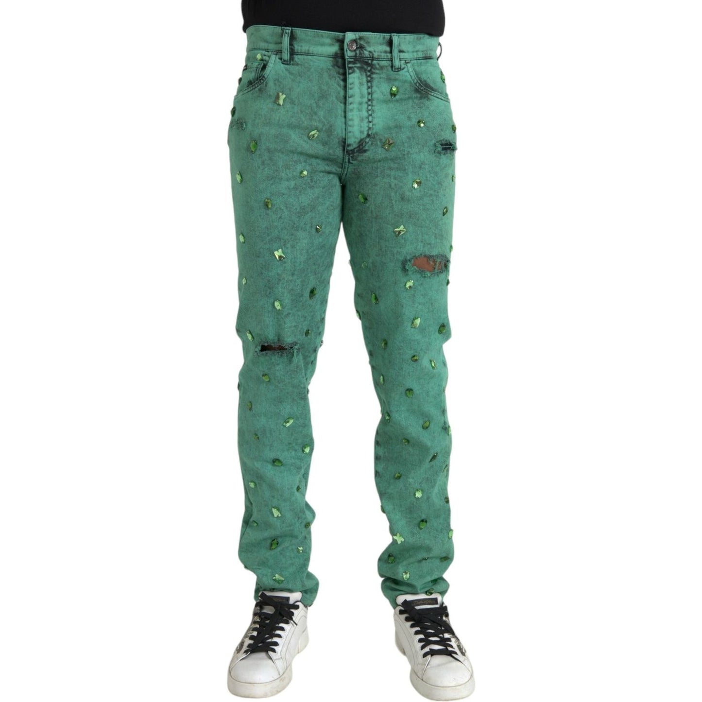 Dolce & Gabbana Green Crystals Cotton Stretch Slim Jeans Dolce & Gabbana