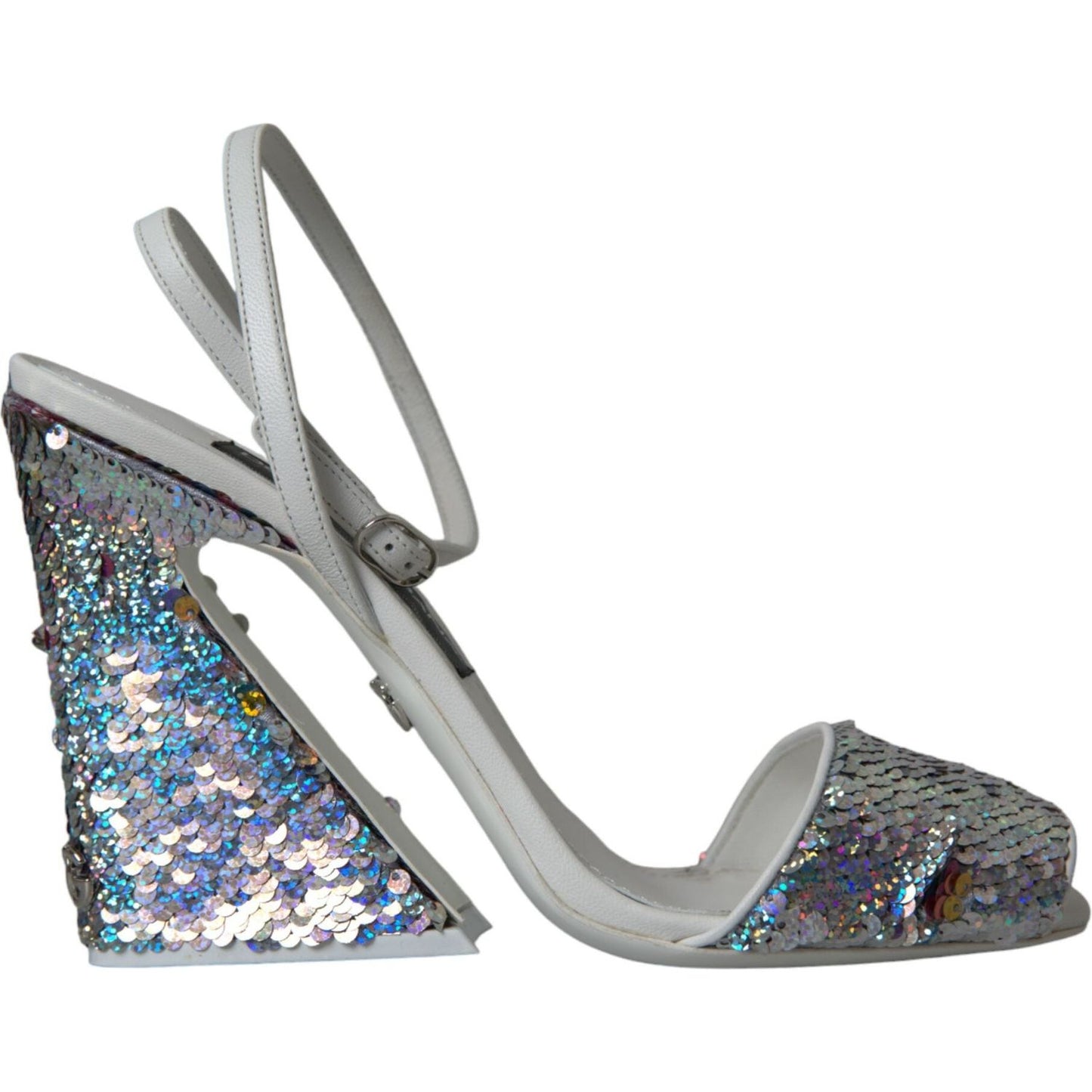 Dolce & Gabbana White Silver Sequin Ankle Strap Sandals Shoes Dolce & Gabbana