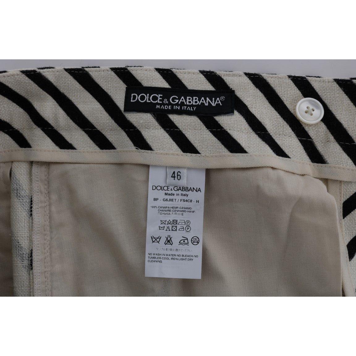 Dolce & Gabbana White Black Striped Hemp Casual Shorts 1728,67345645728,Black/White,Clothing,Dolce & Gabbana,IT44 | XS,Knee Length - Shorts - Clothing,Material: 100% Hemp,Men,Men - Clothing,New with tags,Shorts - Clothing,Shorts - Men - Clothing