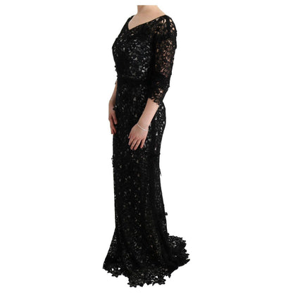 Dolce & Gabbana Black Cotton Silk Floral Long Dress