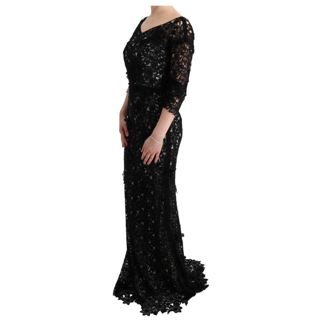 Dolce & Gabbana Elegant Black Maxi Shift Dress with Floral Applique Dresses Dolce & Gabbana