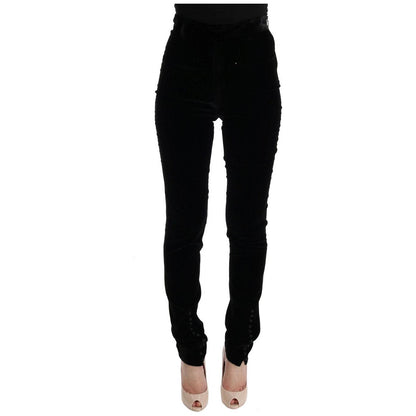 Ermanno Scervino Black Velvet Slim Fit Pants 1728,18% Silk,5% Spandex,67345645728,Black,Clothing,Ermanno Scervino,IT38|XS,IT42|M,IT44|L,Jeans & Pants - Women - Clothing,Material: 77% Viscose,New with tags,Pants - Clothing,Skinny Pants - Pants - Clothing,W