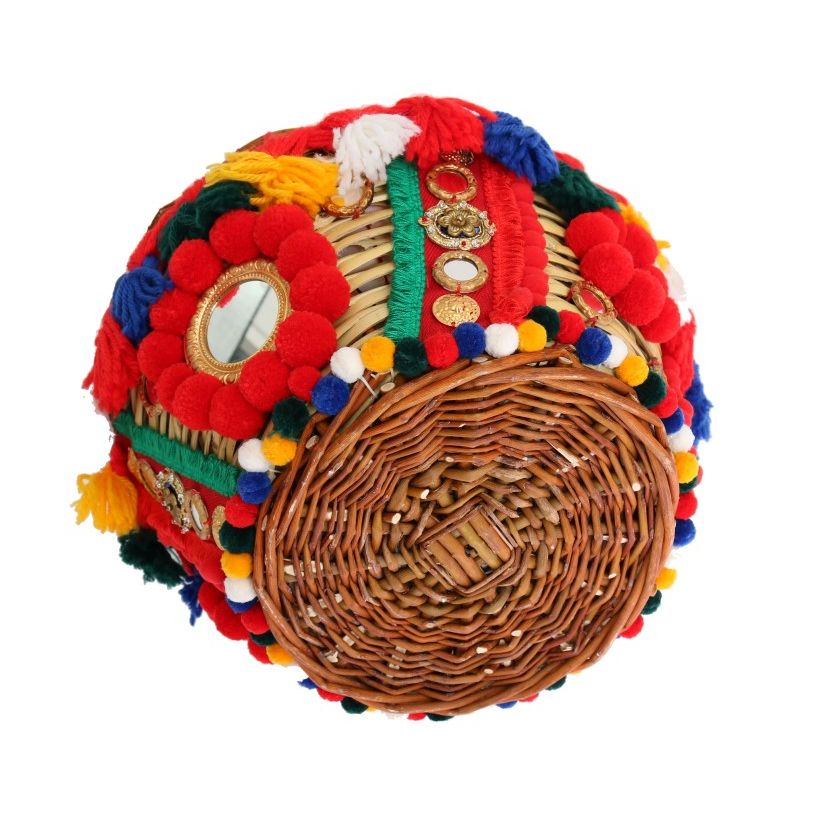Dolce & Gabbana Multicolor AGNESE Straw Crystal  Pom Pom Bag