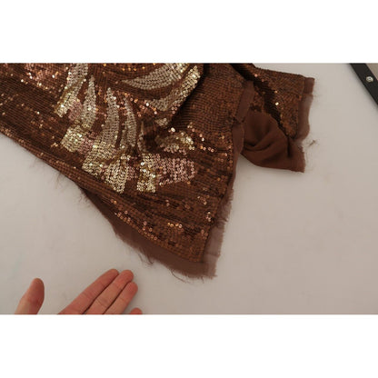 Dsquared² Brown Leaf Sequined Shift One Shoulder Long Dress