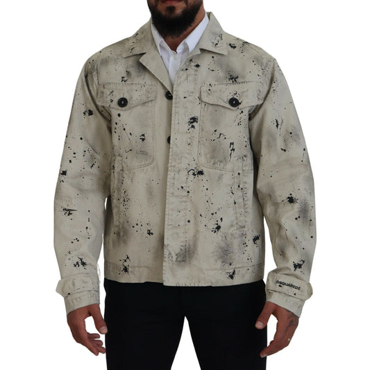 Dsquared² Off White Black Splash Print Casual Denim Jacket 1728,67345645728,Clothing,Denim Jackets - Jackets & Coats - Clothing,Dsquared²,IT48 | M,Jackets & Coats - Clothing,Jackets - Men - Clothing,Material: 100% Cotton,Men,Off White,Preowned / Defect