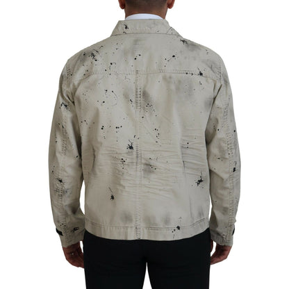 Dsquared² Off White Black Splash Print Casual Denim Jacket 1728,67345645728,Clothing,Denim Jackets - Jackets & Coats - Clothing,Dsquared²,IT48 | M,Jackets & Coats - Clothing,Jackets - Men - Clothing,Material: 100% Cotton,Men,Off White,Preowned / Defect