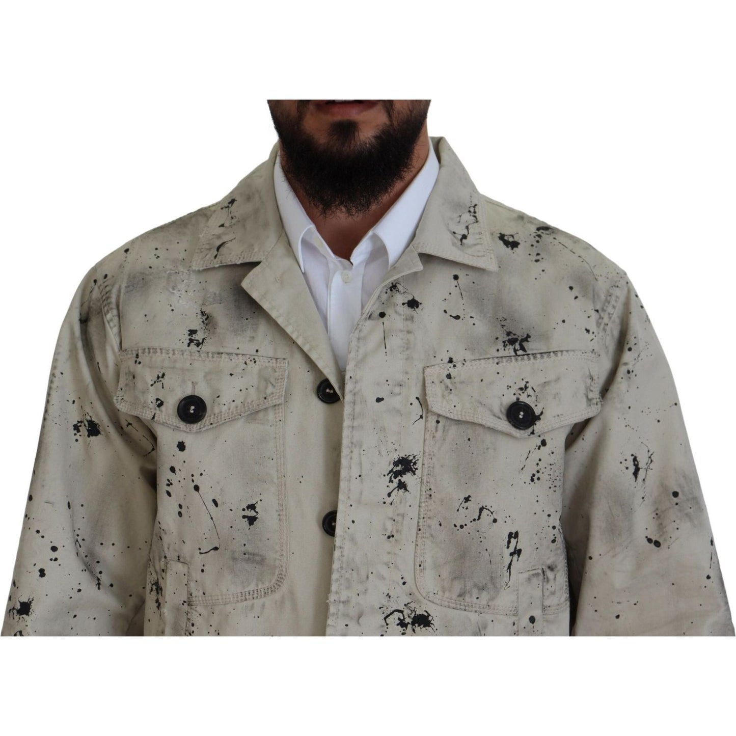 Dsquared² Off White Black Splash Print Casual Denim Jacket 1728,67345645728,Clothing,Denim Jackets - Jackets & Coats - Clothing,Dsquared²,IT48 | M,Jackets & Coats - Clothing,Jackets - Men - Clothing,Material: 100% Cotton,Men,Off White,Preowned / Defect
