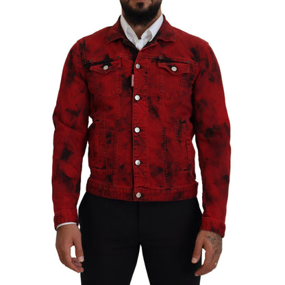 Dsquared² Red Black Tie Dye Collared Men Denim Jacket
