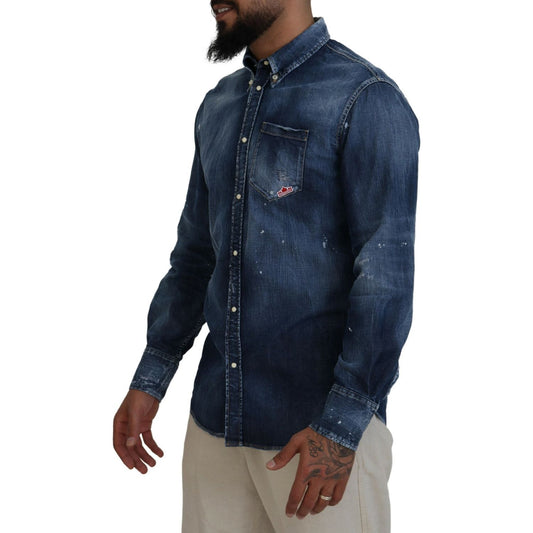 Dsquared² Blue Washed Collared Men Casual Long Sleeves Shirt Dsquared²