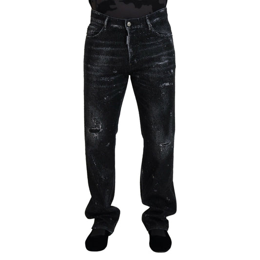 Dsquared² Black Crystal Embellished Tattered Denim Jeans
