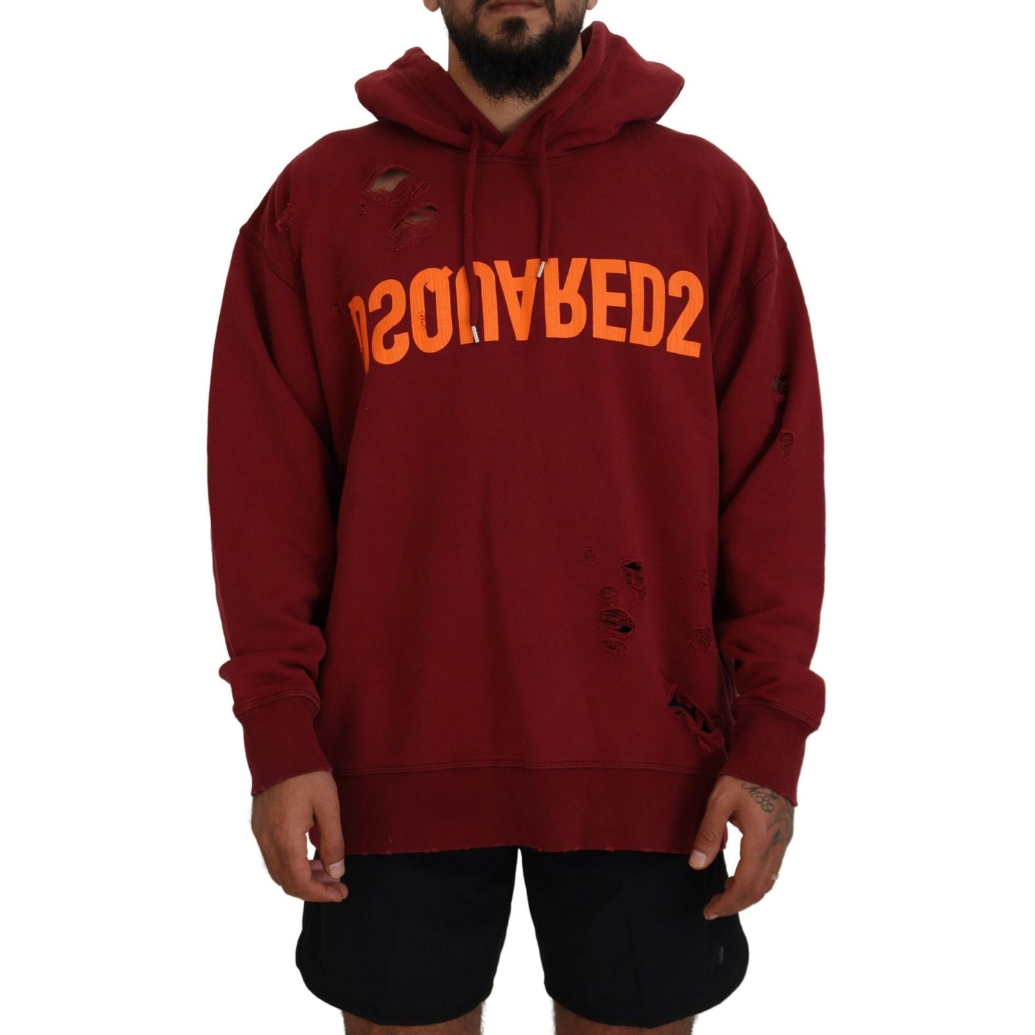 Dsquared² Maroon Cotton Tattered Hooded Printed Pullover Sweater