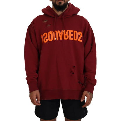 Dsquared² Maroon Cotton Tattered Hooded Printed Pullover Sweater