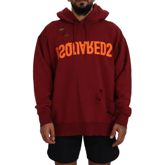Dsquared² Maroon Cotton Tattered Hooded Printed Pullover Sweater