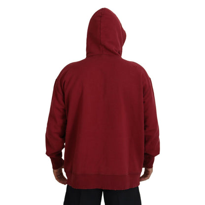 Dsquared² Maroon Cotton Tattered Hooded Printed Pullover Sweater