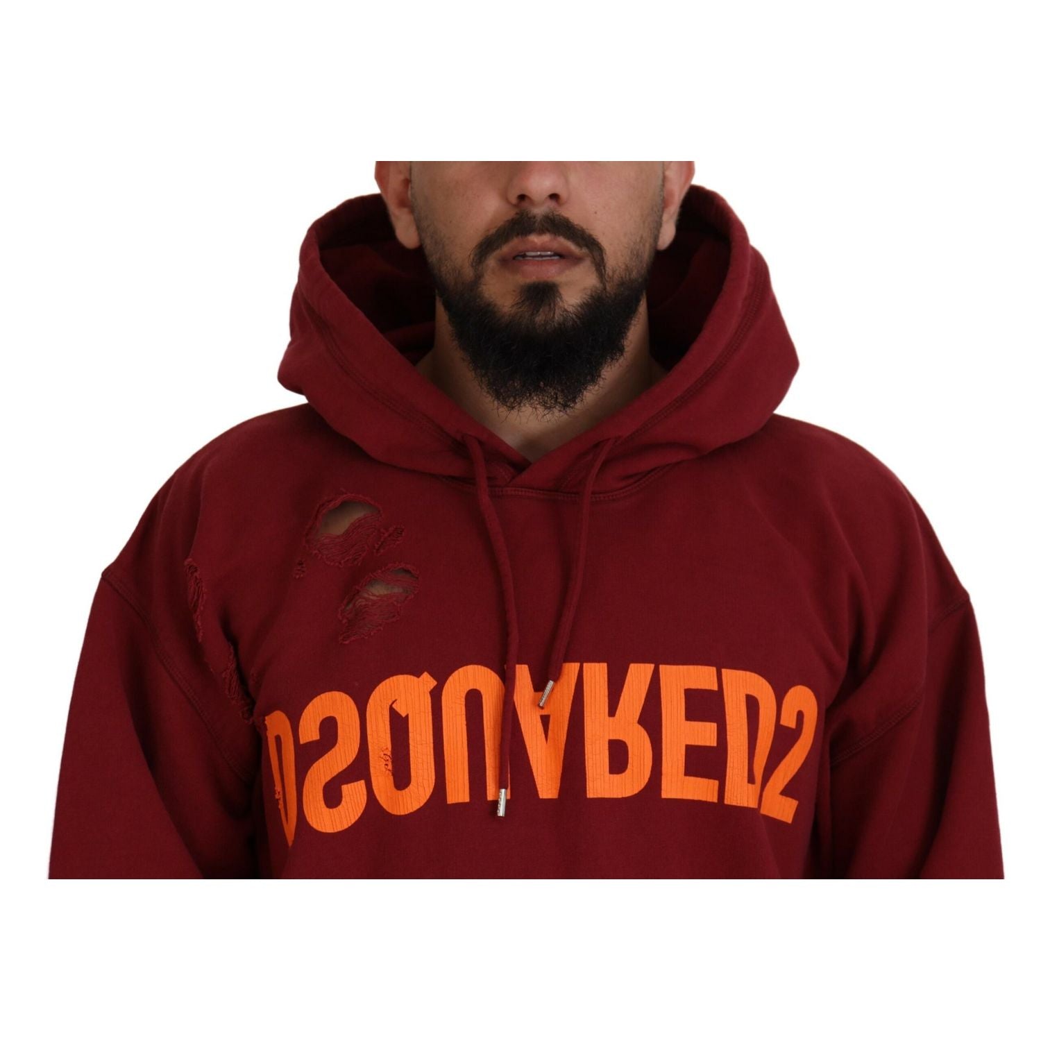 Dsquared² Maroon Cotton Tattered Hooded Printed Pullover Sweater