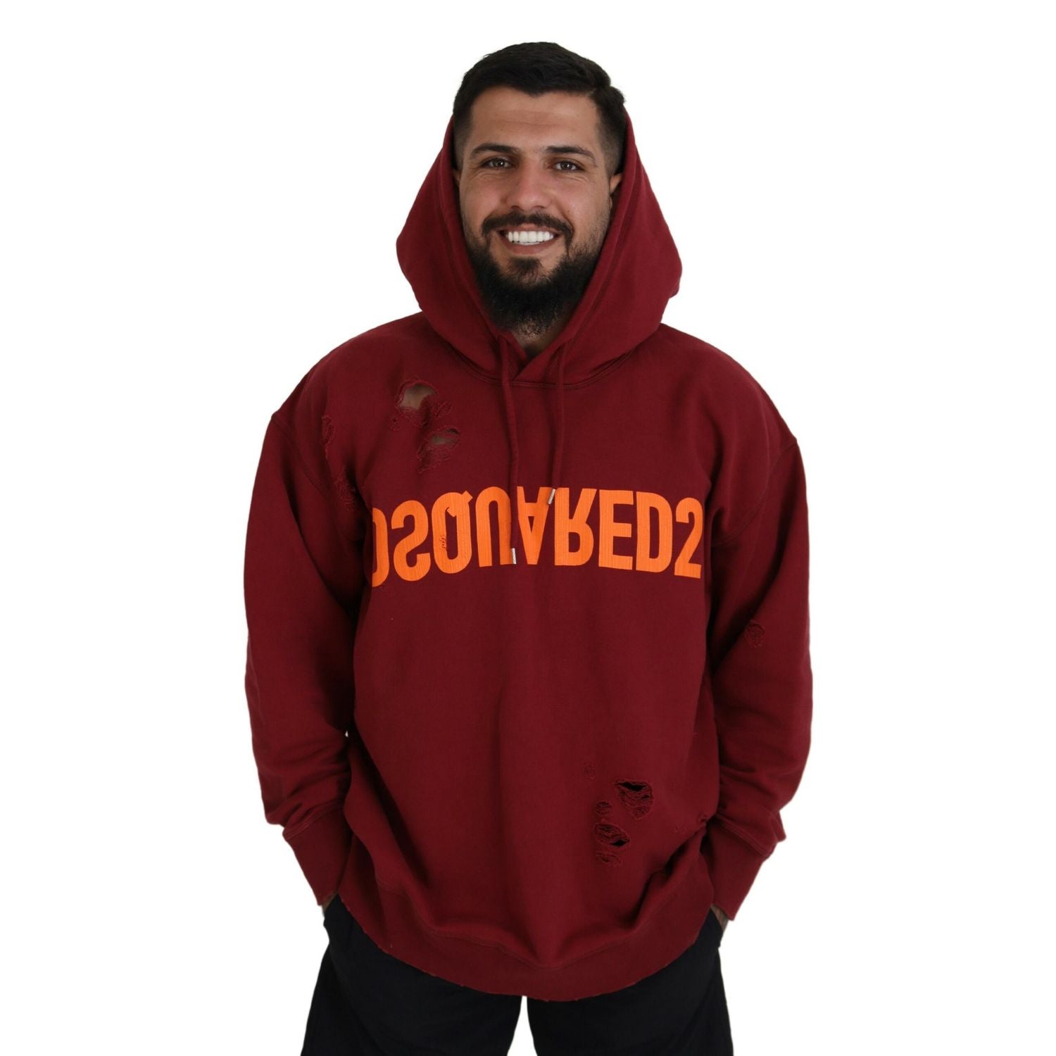 Dsquared² Maroon Cotton Tattered Hooded Printed Pullover Sweater