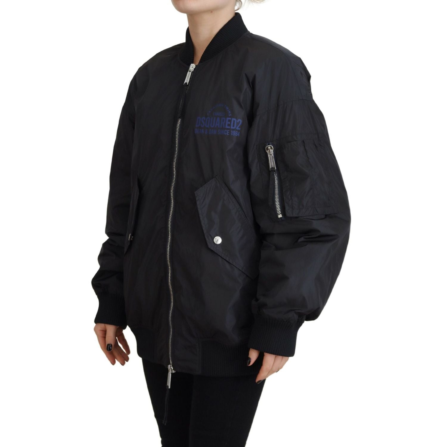 Dsquared² Black Logo Print Full Zip Women Bomber Jacket