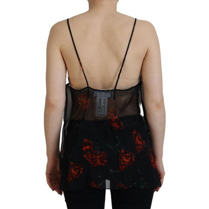 Dsquared² Black Floral Print Spaghetti Strap Tank Blouse Top