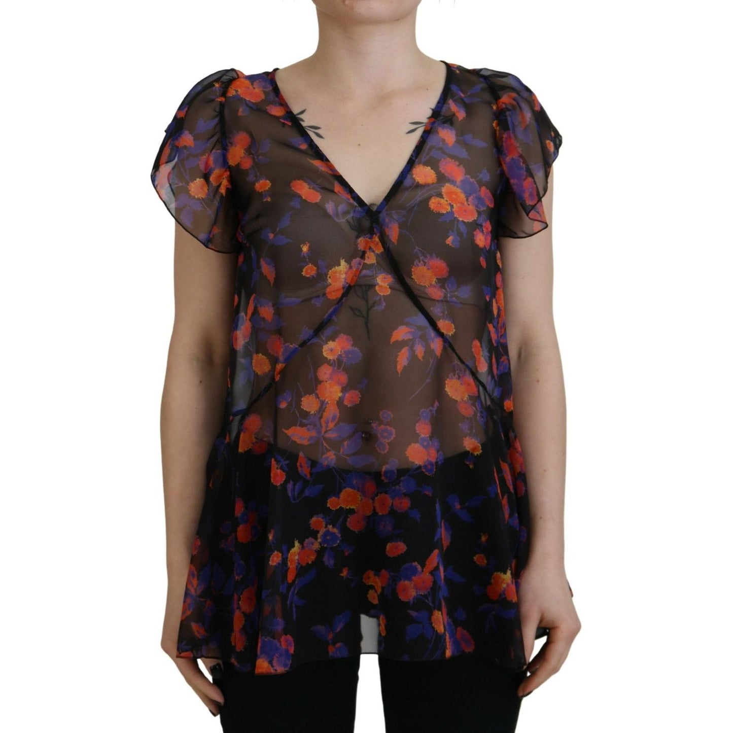 Dsquared² Black Floral Print Short Sleeves V-neck Blouse Top Dsquared²