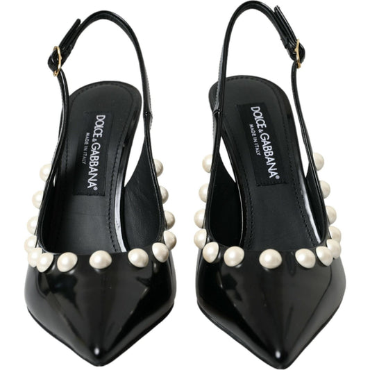 Dolce & Gabbana Black Leather Faux Pearl Heel Slingback Shoes Dolce & Gabbana