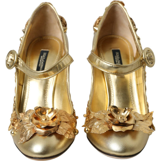 Dolce & Gabbana Gold Leather Crystal Mary Janes Pumps Shoes Dolce & Gabbana