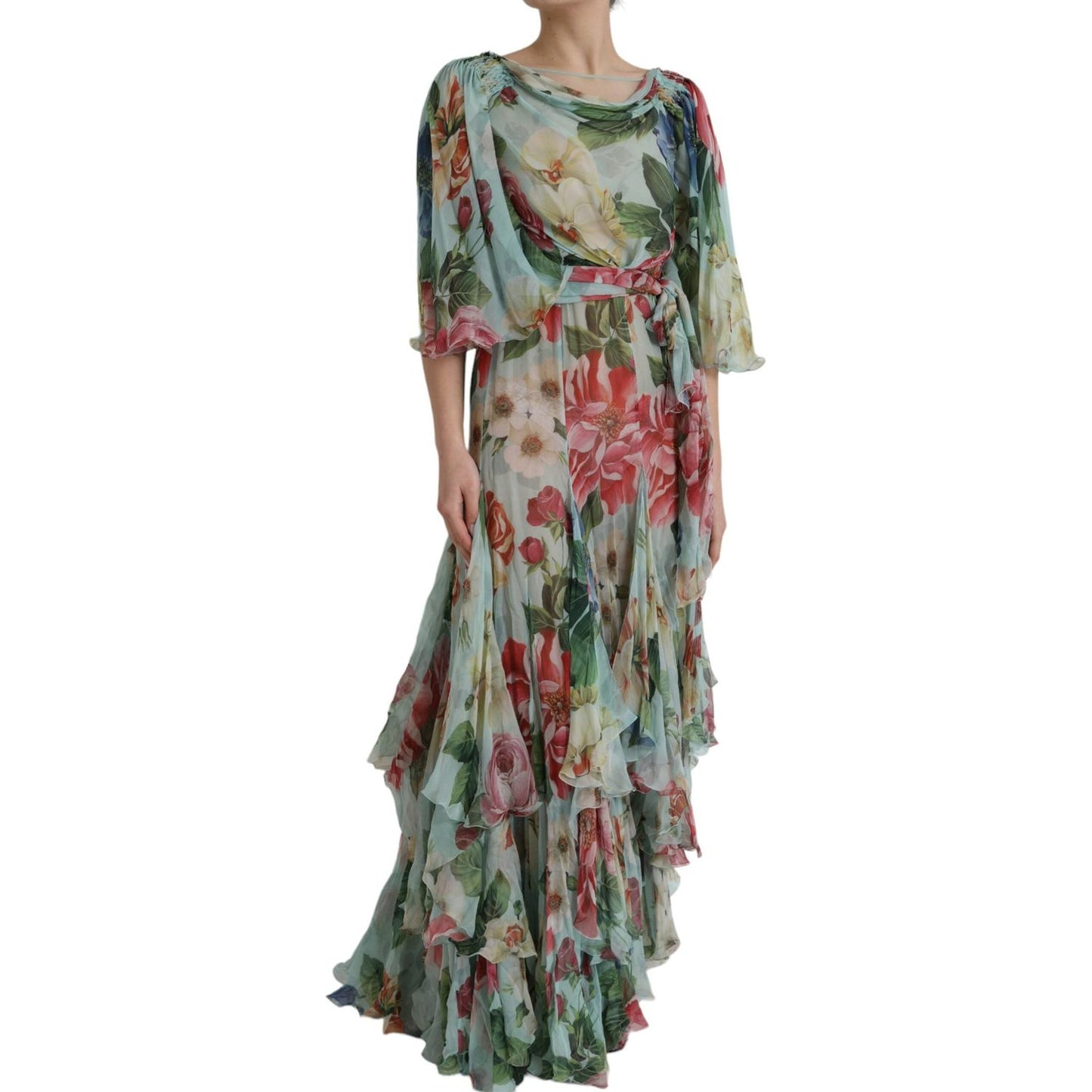 Dolce & Gabbana Blue Floral Print Tiered Long Maxi Dress Dolce & Gabbana