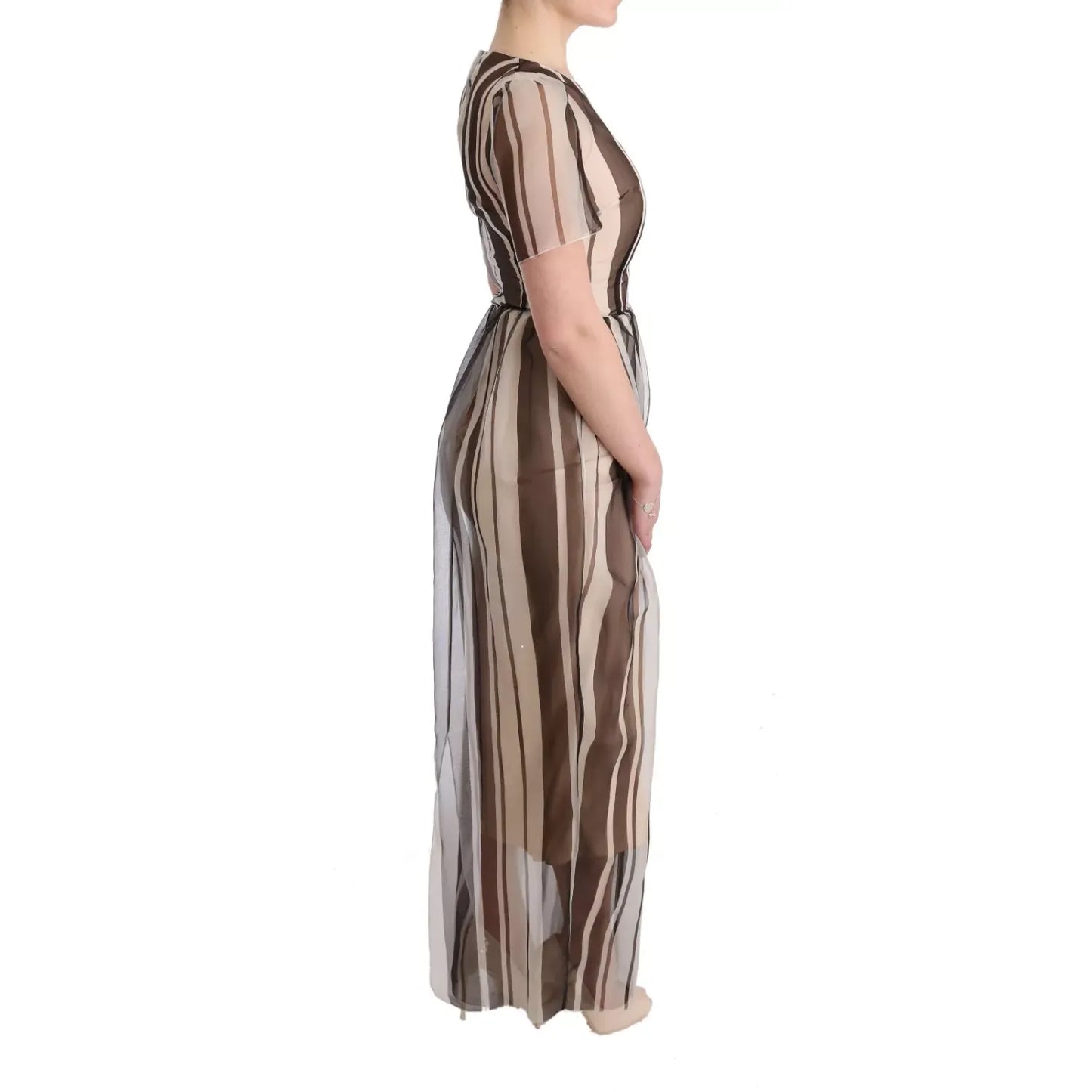 Dolce & Gabbana Beige Brown Striped Silk Sheath Dress