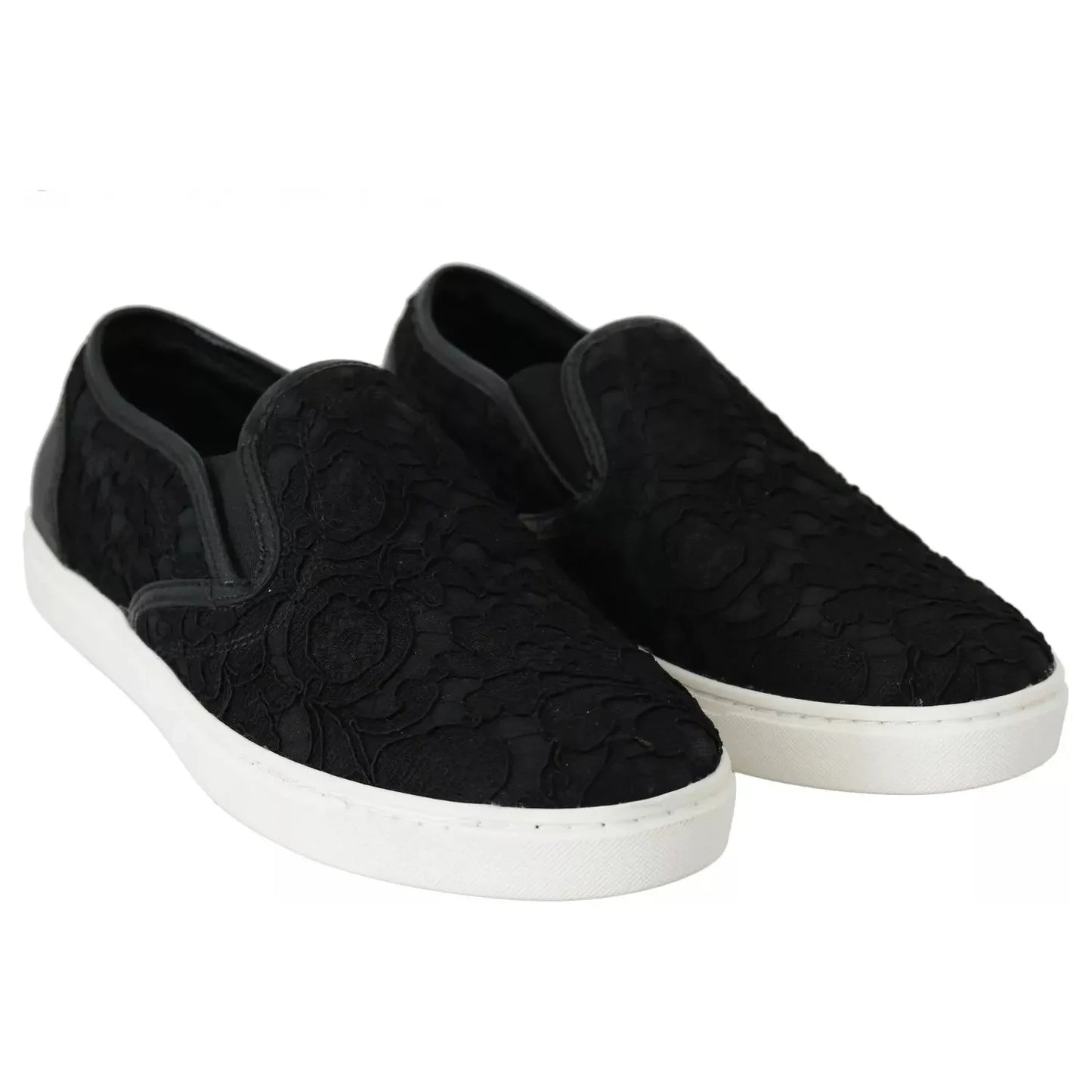 Dolce & Gabbana Black Lace Leather Logo Flat Slip-On Sneakers Dolce & Gabbana