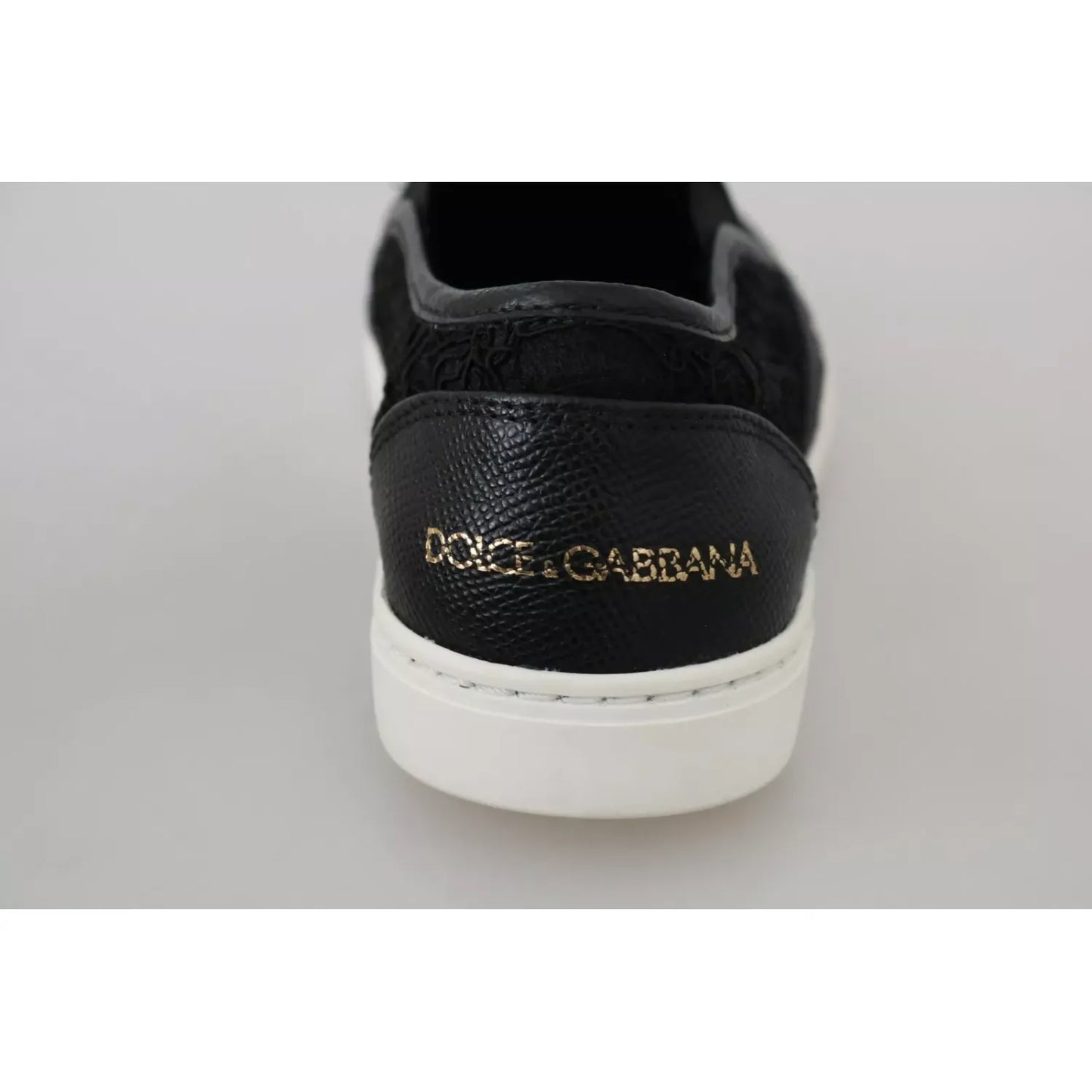 Dolce & Gabbana Black Lace Leather Logo Flat Slip-On Sneakers