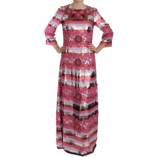 Dolce & Gabbana Pink Floral Sequined Crystal Gown Dress