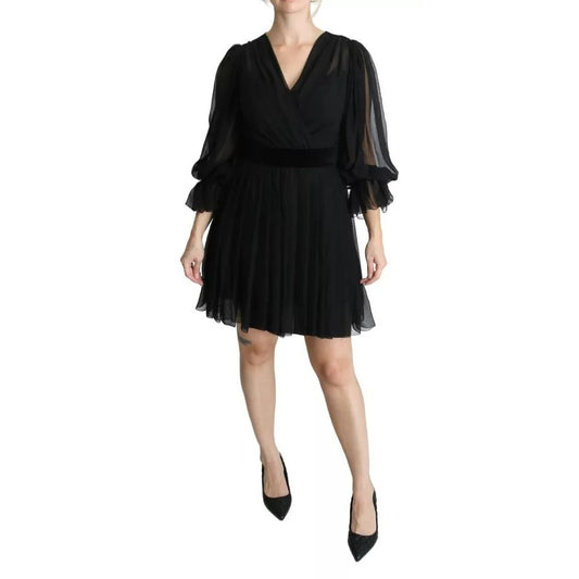 Dolce & Gabbana Black Mesh Pleated Mini Silk Blend Dress
