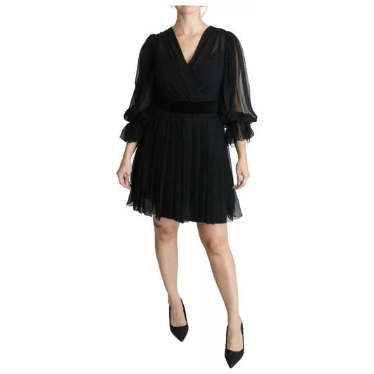 Dolce & Gabbana Black Mesh Pleated Mini Silk Blend Dress Dolce & Gabbana