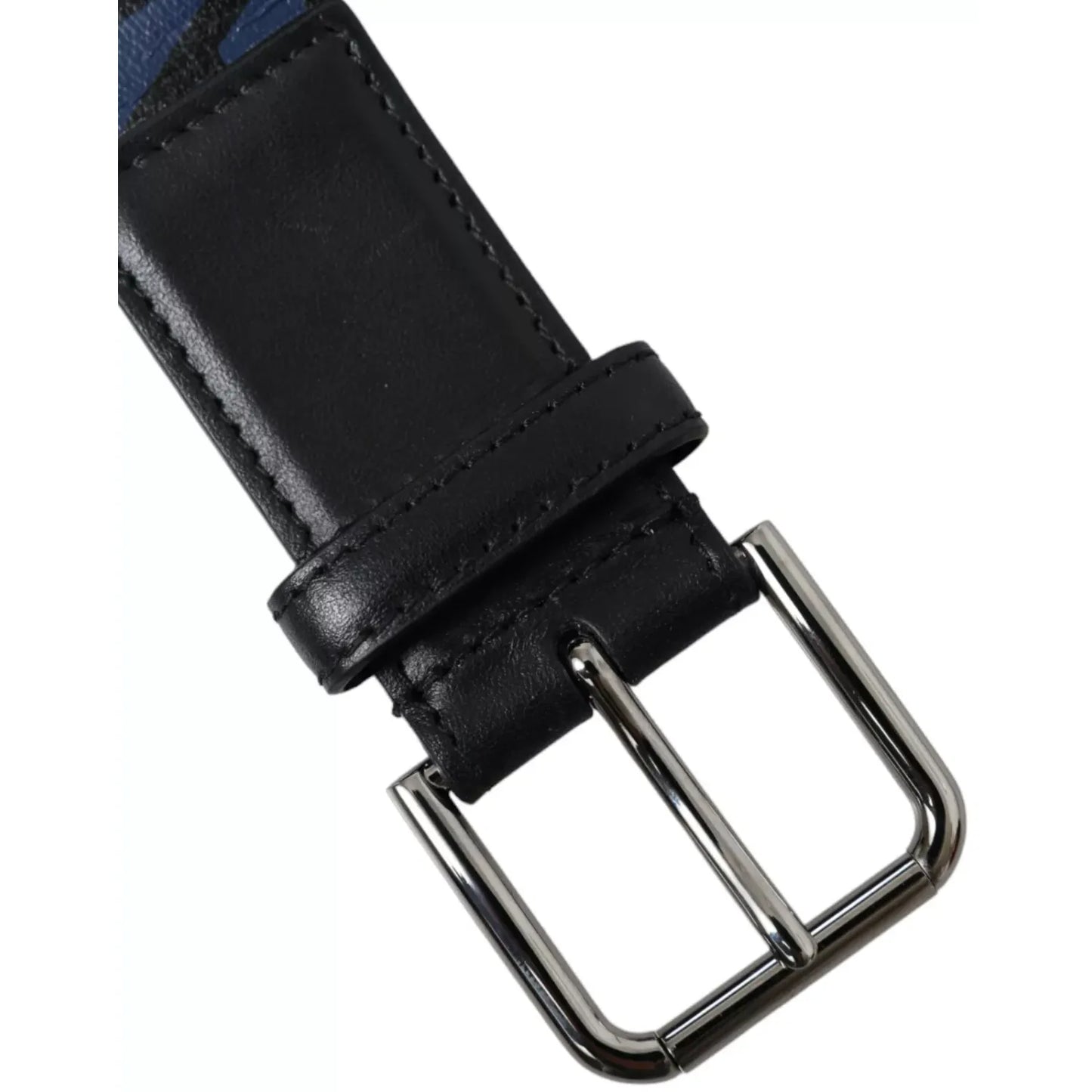 Dolce & Gabbana Black Blue Logo Silver Metal Buckle Belt