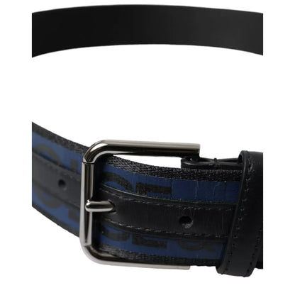 Dolce & Gabbana Black Blue Logo Silver Metal Buckle Belt