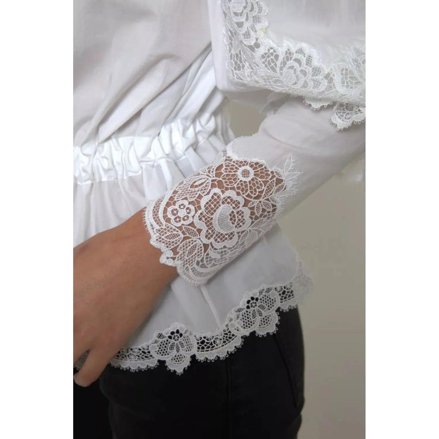 Dolce & Gabbana White Cotton Lace Trim Turtle Neck Top Blouse Dolce & Gabbana