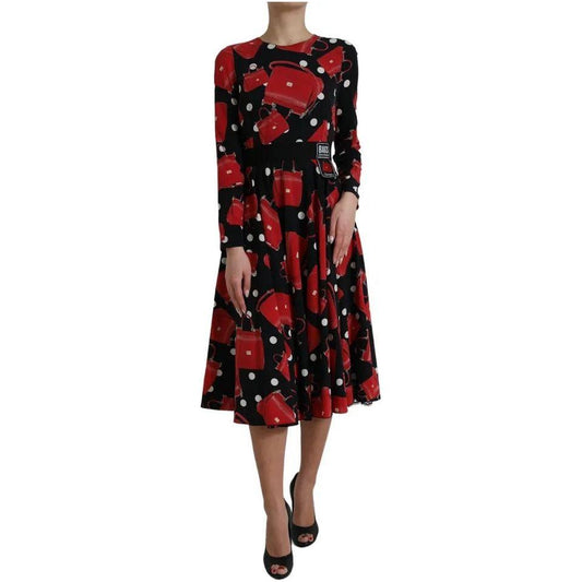 Dolce & Gabbana Black Sicily Bag Print Flared Midi Dress Dolce & Gabbana