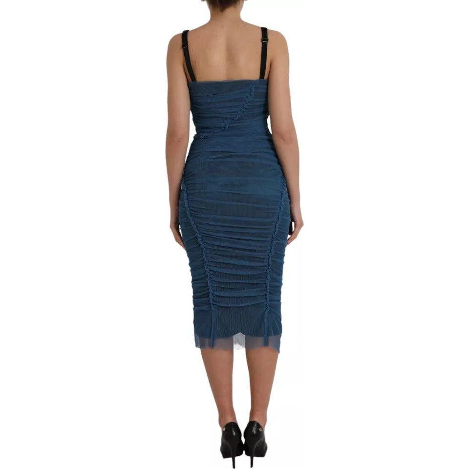 Dolce & Gabbana Blue Mesh Trim Ruched Tulle Sheath Dress Dolce & Gabbana