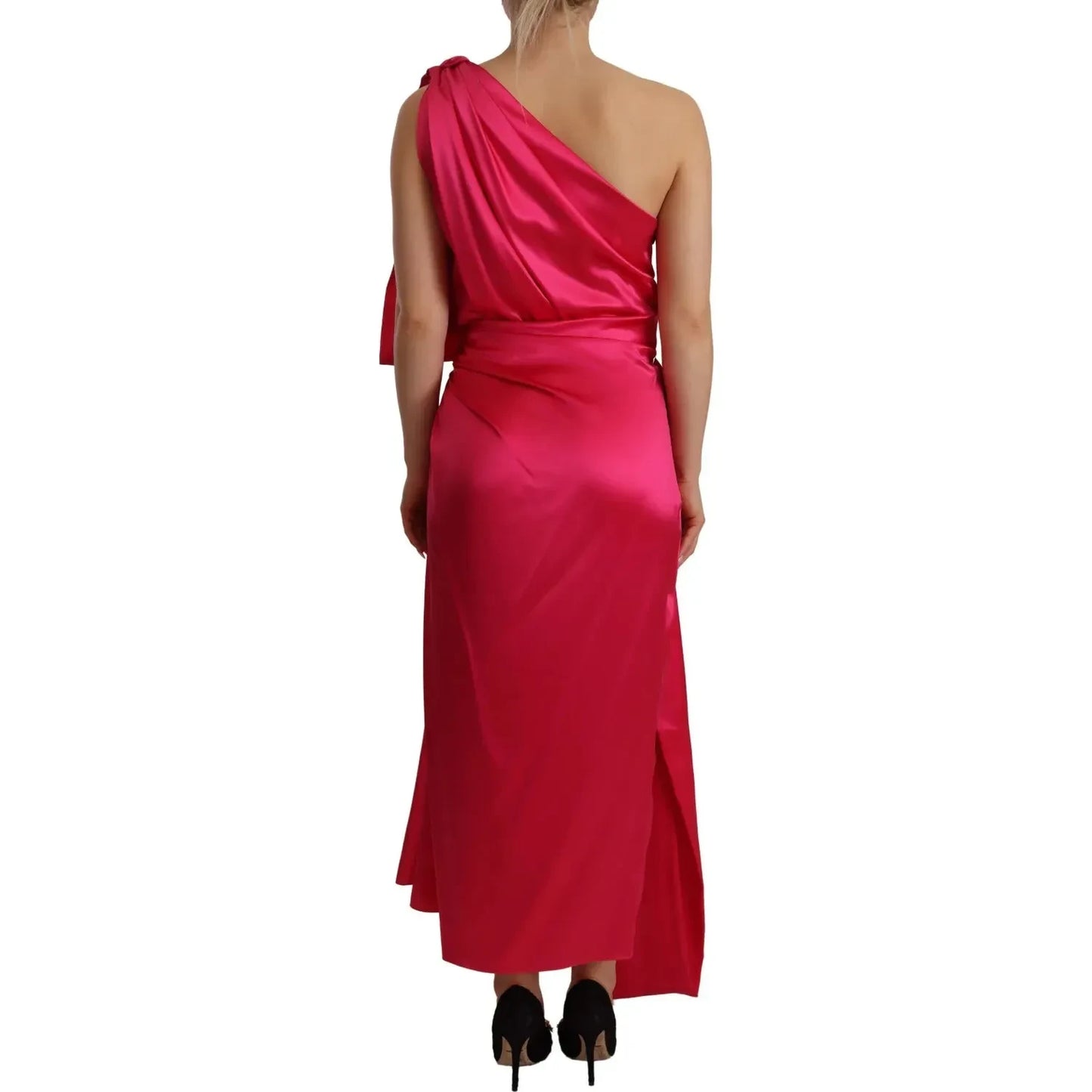 Dolce & Gabbana Silk Pink Fitted Cut One Shoulder Midi Dress Dolce & Gabbana